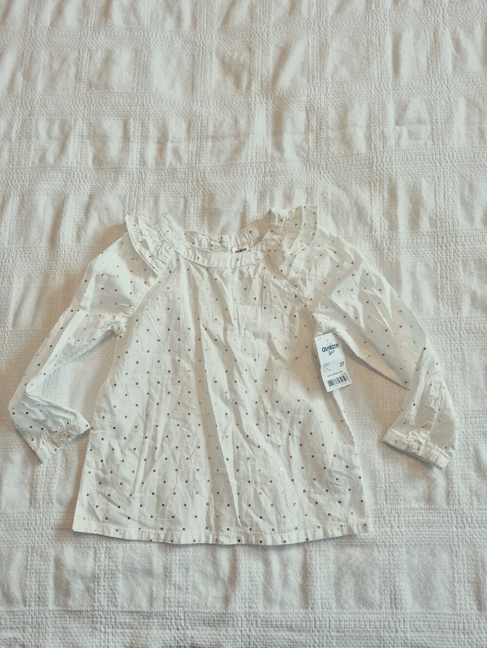 Oshkosh girls 3T blouse, long sleeve white with gold polka dots, NEW
